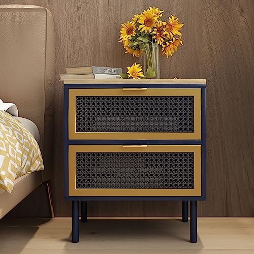 2 Drawer Nightstand, Large Bed Side Table with Storage Drawers and Golden Legs, Modern End Table Living Room Dorm, Blue and Gold Accent Table Cabinet with Wood Top for Bedroom