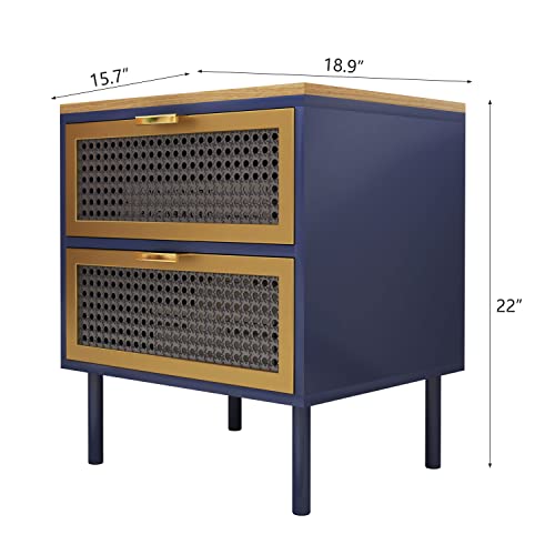 2 Drawer Nightstand, Large Bed Side Table with Storage Drawers and Golden Legs, Modern End Table Living Room Dorm, Blue and Gold Accent Table Cabinet with Wood Top for Bedroom