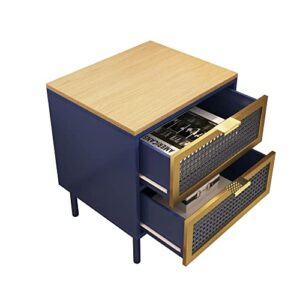 2 Drawer Nightstand, Large Bed Side Table with Storage Drawers and Golden Legs, Modern End Table Living Room Dorm, Blue and Gold Accent Table Cabinet with Wood Top for Bedroom