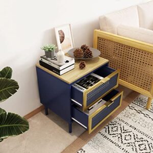 2 Drawer Nightstand, Large Bed Side Table with Storage Drawers and Golden Legs, Modern End Table Living Room Dorm, Blue and Gold Accent Table Cabinet with Wood Top for Bedroom