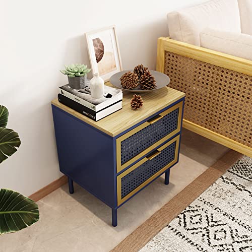 2 Drawer Nightstand, Large Bed Side Table with Storage Drawers and Golden Legs, Modern End Table Living Room Dorm, Blue and Gold Accent Table Cabinet with Wood Top for Bedroom