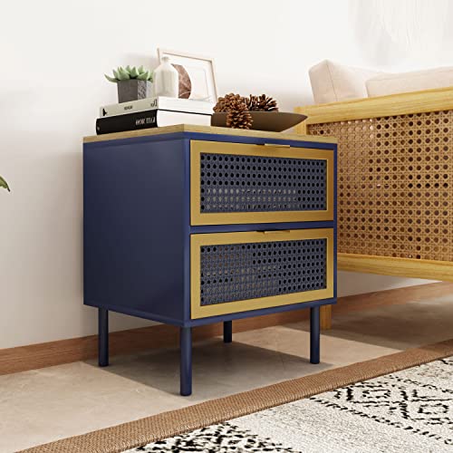 2 Drawer Nightstand, Large Bed Side Table with Storage Drawers and Golden Legs, Modern End Table Living Room Dorm, Blue and Gold Accent Table Cabinet with Wood Top for Bedroom