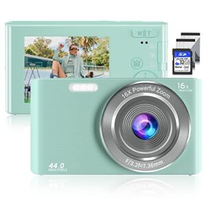digital camera, saneen fhd 2.7k cameras for photography, 44mp kids camera compact point and shoot camera small camera for beginners, kids and teens with 32gb sd card & 16x digital zoom-green