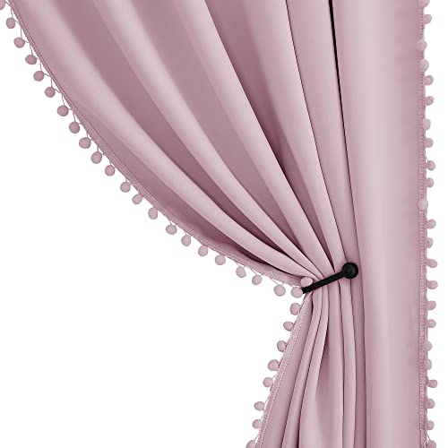 StangH White Velvet Curtains & Pink Pom Pom Blackout Curtains