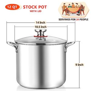 12-Quart Stock Pot, E-far 18/10 Stainless Steel Stockpot with Lid for Cooking Simmering Soup Stew, Heavy Duty Cookware Works w/Induction, Non-toxic & Corrosion Resistant, Dishwasher Safe