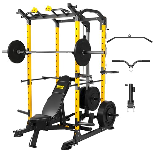 ToughFit Power Cage 1000lbs Squat Rack with Weights and Bar Set Multi-Function Power Rack Weight Cage with Lat Pull-Down/Adjustable Cable Crossover for Strength Training Garage & Home Gym Equipment