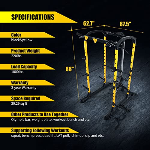 ToughFit Power Cage 1000lbs Squat Rack with Weights and Bar Set Multi-Function Power Rack Weight Cage with Lat Pull-Down/Adjustable Cable Crossover for Strength Training Garage & Home Gym Equipment