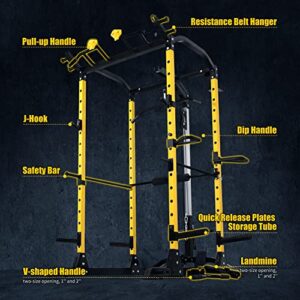 ToughFit Power Cage 1000lbs Squat Rack with Weights and Bar Set Multi-Function Power Rack Weight Cage with Lat Pull-Down/Adjustable Cable Crossover for Strength Training Garage & Home Gym Equipment