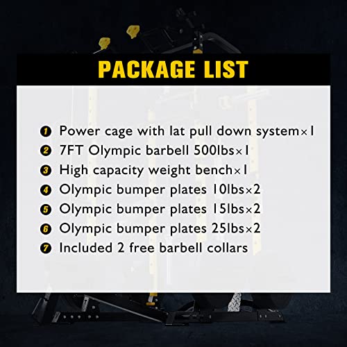 ToughFit Power Cage 1000lbs Squat Rack with Weights and Bar Set Multi-Function Power Rack Weight Cage with Lat Pull-Down/Adjustable Cable Crossover for Strength Training Garage & Home Gym Equipment