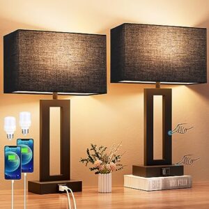 Nightstand Table Lamps for Bedrooms Set of 2 - Touch Bedside Lamp with USB C+A, 3 Way Dimmable Living Room Lamps for End Tables Set of 2, Modern Night Stand Lamps for Bed Side Guest Room(Black)