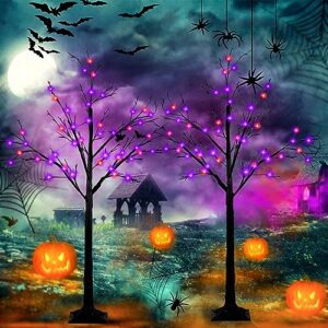 2-pack 4ft lighted black halloween tree with 96 led orange & purple lights (higher size & floor standing), halloween decorations spooky tree for indoor & outdoor, home holiday party halloween decor