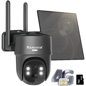 manshur® 4g lte cellular security camera wireless outdoor solar powered, no wifi security camera(verizon at&t t-mobile), 2k/3mp color night vision, motion sensor, 2 way talk, 64g sd&sim card included
