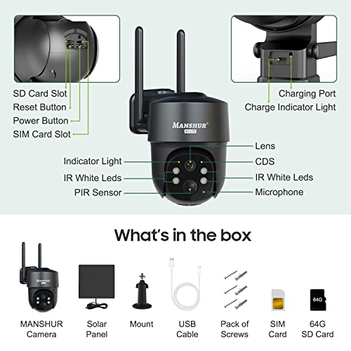 Manshur® 4G LTE Cellular Security Camera Wireless Outdoor Solar Powered, No WiFi Security Camera(Verizon AT&T T-Mobile), 2K/3MP Color Night Vision, Motion Sensor, 2 Way Talk, 64G SD&SIM Card Included