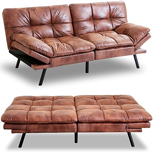 Maxspeed Leather Futon Sofa Bed,Convertible Memory Foam Couch Bed,Modern Loveseat with Covertible Armrests for RV Car Living Room&Bedroom Small Space（Brown）
