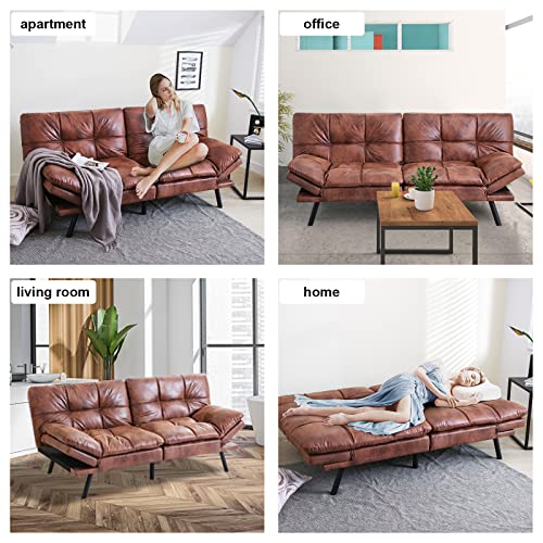 Maxspeed Leather Futon Sofa Bed,Convertible Memory Foam Couch Bed,Modern Loveseat with Covertible Armrests for RV Car Living Room&Bedroom Small Space（Brown）