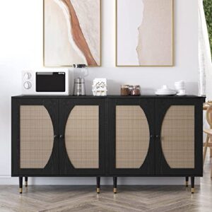 catrimown sideboard buffet cabinet with storage, modern rattan accent kitchen storage cabinet console table with adjustable shelves for living room, dining room, bedroom, black