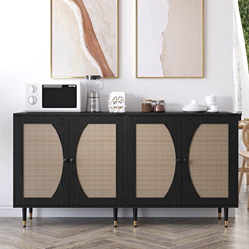 Catrimown Sideboard Buffet Cabinet with Storage, Modern Rattan Accent Kitchen Storage Cabinet Console Table with Adjustable Shelves for Living Room, Dining Room, Bedroom, Black