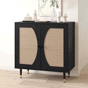 Catrimown Sideboard Buffet Cabinet with Storage, Modern Rattan Accent Kitchen Storage Cabinet Console Table with Adjustable Shelves for Living Room, Dining Room, Bedroom, Black