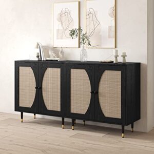 Catrimown Sideboard Buffet Cabinet with Storage, Modern Rattan Accent Kitchen Storage Cabinet Console Table with Adjustable Shelves for Living Room, Dining Room, Bedroom, Black