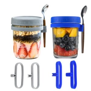 mason jars for overnight oats, overnight oats container with lids, spoon,upgrade fixed silicon spoon clip and open-type ring,10 oz airtight oatmeal glass jars for meal prep yogurt parfait on the go