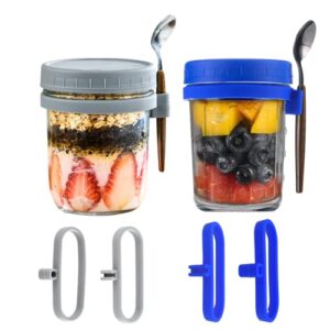 Mason Jars for Overnight Oats, Overnight Oats Container with Lids, Spoon,Upgrade Fixed Silicon Spoon Clip and Open-Type Ring,10 Oz Airtight Oatmeal Glass Jars for Meal Prep Yogurt Parfait On The Go