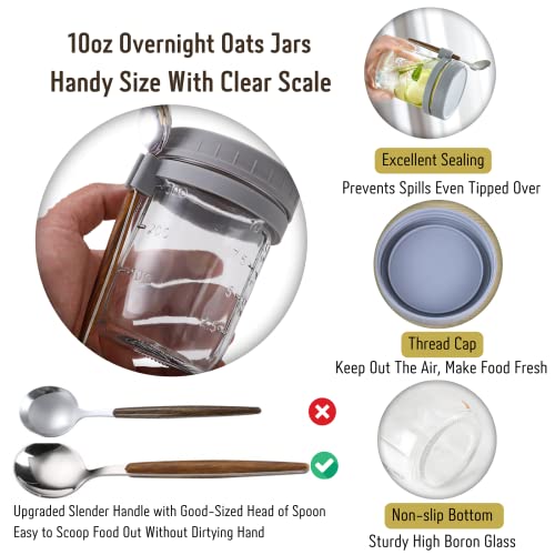 Mason Jars for Overnight Oats, Overnight Oats Container with Lids, Spoon,Upgrade Fixed Silicon Spoon Clip and Open-Type Ring,10 Oz Airtight Oatmeal Glass Jars for Meal Prep Yogurt Parfait On The Go