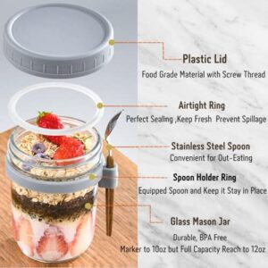 Mason Jars for Overnight Oats, Overnight Oats Container with Lids, Spoon,Upgrade Fixed Silicon Spoon Clip and Open-Type Ring,10 Oz Airtight Oatmeal Glass Jars for Meal Prep Yogurt Parfait On The Go