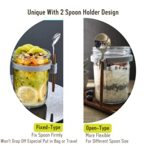 Mason Jars for Overnight Oats, Overnight Oats Container with Lids, Spoon,Upgrade Fixed Silicon Spoon Clip and Open-Type Ring,10 Oz Airtight Oatmeal Glass Jars for Meal Prep Yogurt Parfait On The Go