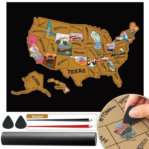 Scratch Off Map Of United States, USA State Scratch Sticker Travel RV Map Wall Poster Birthday DIY Gifts For Kids Adults, Travelers RV Adventure Journal, 19.6 x 15.7 Inches USA Scratch Off Map & Tools