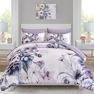 luxudecor floral comforter set queen size 7 piece, purple flower bed in a bag, elegant floral comforter with sheet set, soft microfiber bedding set for all season (purple, 90"x90")