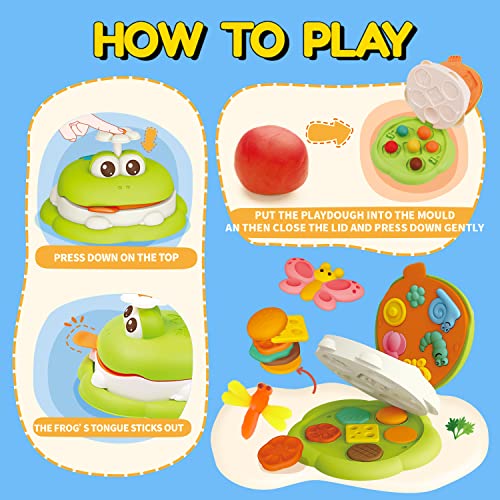 Frog Color Dough Sets for Kids 4-8, Cute Frog Shaped Make Insects and Hamburgers, Kitchen Color Dough Accessories Toys for Kids,13 Dough Tools & 12 Color Dough for Boys Girls 4-12 Years Old