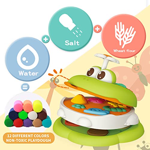 Frog Color Dough Sets for Kids 4-8, Cute Frog Shaped Make Insects and Hamburgers, Kitchen Color Dough Accessories Toys for Kids,13 Dough Tools & 12 Color Dough for Boys Girls 4-12 Years Old