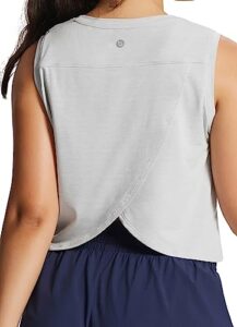 baleaf women's workout crop tank tops split back high neck sleeveless shirts yoga athletic heather gray s