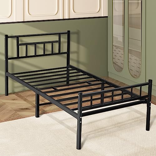 HOMBCK Twin Bed Frames with Headboard, Platform Bed Frame with Storage, 14 Inch Twin Bed Frames for Kids, 600lbs Heavy Duty Steel Metal Bed Frame No Box Spring Needed, Noise Free, Black