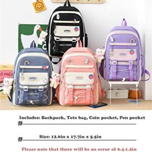 LsdgFriday Kawaii Backpack Set 4Pcs Canvas School Bag with Cute Pendants Pins Accessories for Teen Girls Aesthetic Backpack Shoulder Tote Bags Daypack for Back To School