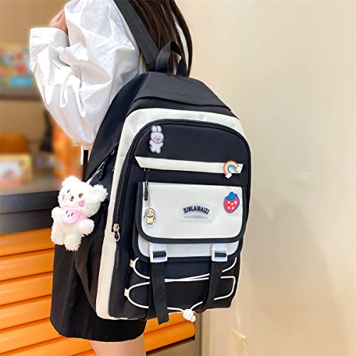LsdgFriday Kawaii Backpack Set 4Pcs Canvas School Bag with Cute Pendants Pins Accessories for Teen Girls Aesthetic Backpack Shoulder Tote Bags Daypack for Back To School