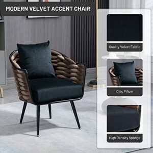 NIOIIKIT Modern Velvet Accent Chair with Arms, Upholstered Hand Woven Lounge Chair with Pillow, Luxury Armchair, Vanity Chair for Living Room, Bedroom, Office (Black)
