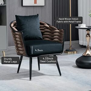 NIOIIKIT Modern Velvet Accent Chair with Arms, Upholstered Hand Woven Lounge Chair with Pillow, Luxury Armchair, Vanity Chair for Living Room, Bedroom, Office (Black)
