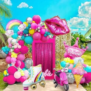 kozee pink teal balloon garland arch kit with hot pink silver disco roller skate balloon for princess theme birthday party girl summer by beach pool party decorations