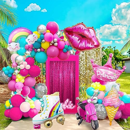 Kozee Pink Teal Balloon Garland Arch Kit with Hot Pink Silver Disco roller skate Balloon for princess theme Birthday Party Girl Summer by Beach Pool party decorations