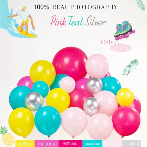 Kozee Pink Teal Balloon Garland Arch Kit with Hot Pink Silver Disco roller skate Balloon for princess theme Birthday Party Girl Summer by Beach Pool party decorations