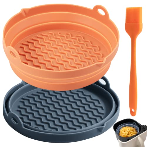 Grihot air fryer liners silicone 2+1 Pack fryer silicone liners, Holds 3 to 5 QT, Replacement Flammable Parchment, Reusable Baking Pan Oven Accessory, Royal Brown + Dark Sea Blue