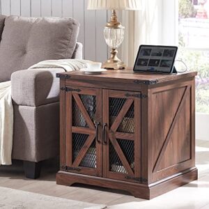 jxqtlingmu farmhouse end table, 24" large sofa side table with charging station, mesh barn door, and adjustable storage shelf, rustic wood square nightstand for living room, bedroom, office, brown