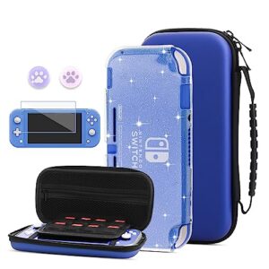 hypercase blue hard carrying case compatible with nintendo switch lite, portable switch travel carry case for boys girls with 8 game card slots, tpu glitter shell, screen protector and 2 jelly caps.