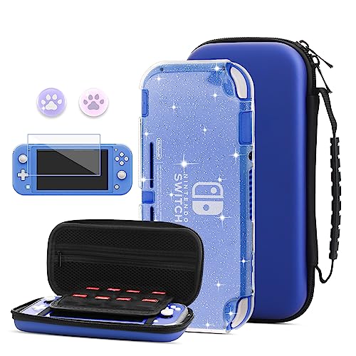 HYPERCASE Blue Hard Carrying Case Compatible with Nintendo Switch Lite, Portable Switch Travel Carry Case for Boys Girls with 8 Game Card Slots, TPU Glitter Shell, Screen Protector and 2 Jelly Caps.