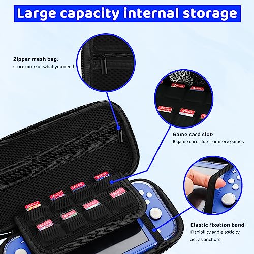 HYPERCASE Blue Hard Carrying Case Compatible with Nintendo Switch Lite, Portable Switch Travel Carry Case for Boys Girls with 8 Game Card Slots, TPU Glitter Shell, Screen Protector and 2 Jelly Caps.