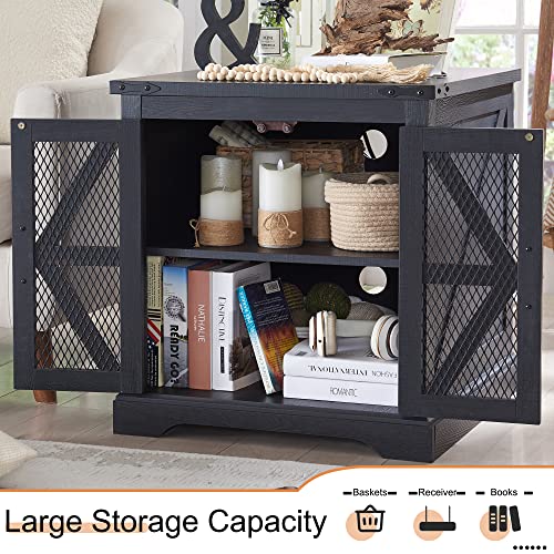 JXQTLINGMU Farmhouse End Table, 24" Large Sofa Side Table with Charging Station, Mesh Barn Door, and Adjustable Storage Shelf, Rustic Wood Square Nightstand for Living Room, Bedroom, Office, Black