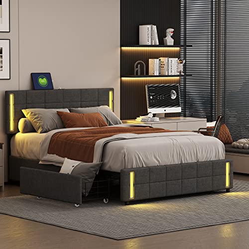Harper & Bright Designs Queen Size Upholstered Platform Bed with LED Lights and USB Charger, Queen Storage Bed, Linen Platform Bed Frame with 4 Drawers, for Kids Teens Adults (Dark Gray)