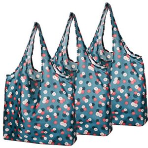 f.fetivin shopping bags reusable grocery tote bags 3 pack large fashion recycling bags with pouch bulk machine washable nylon bags fits in pocket waterproof & lightweight(blue flowers)