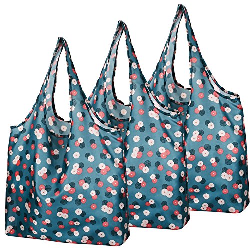 F.FETIVIN Shopping Bags Reusable Grocery Tote Bags 3 Pack Large Fashion Recycling Bags with Pouch Bulk Machine Washable Nylon Bags Fits in Pocket Waterproof & Lightweight(Blue Flowers)